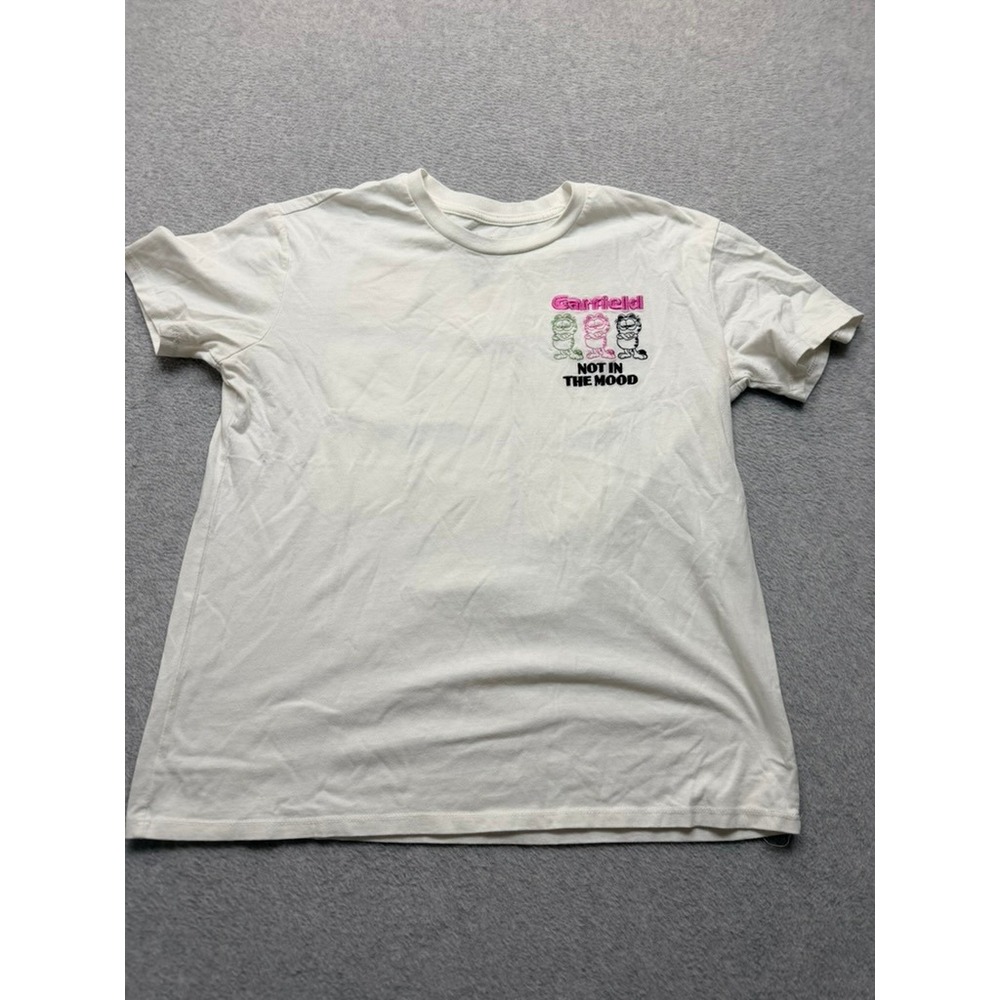 Garfield Not In The Mood White Graphic T-Shirt Short Sleeve Crew Neck Small